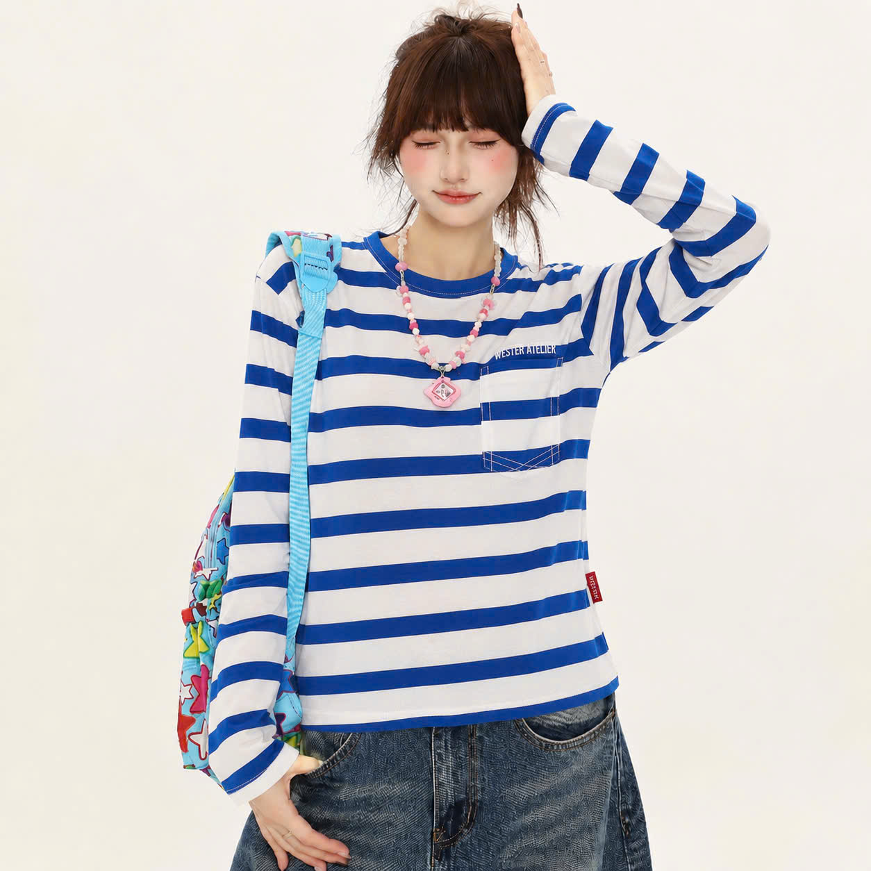 WESTER.ATELIER - Áo Thun Tay Dài Unisex Màu Kem Kẻ Sọc Xanh Navy Phối Túi Form Rộng - BX33