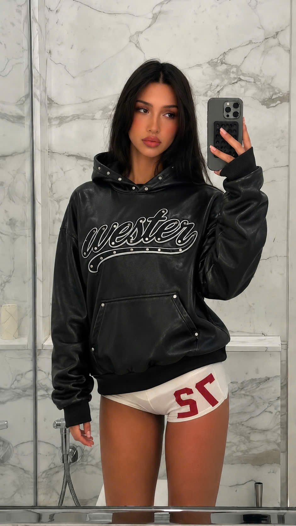 WESTER.ATELIER - Áo Hoodie Lót Lông Da PU Đính Đinh Tán Form Rộng Màu Đen Phong Cách Dark Streetwear - HDR01